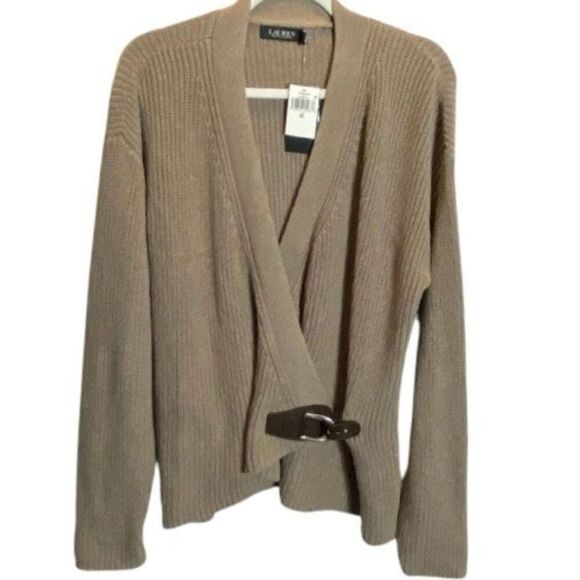 Lauren Ralph Lauren Wm’s XL Brown Heather Knit Wrap Cardigan Sweater Buckle Clos - Picture 2 of 7